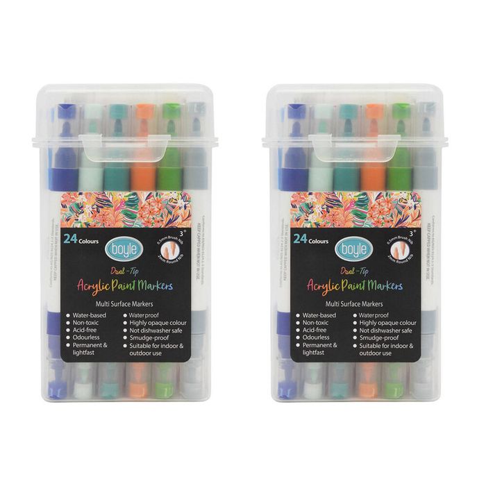 2pk 24pk Boyle Dual Tip Acrylic Markers Colour Set W/storage Case Non-toxic 3y+