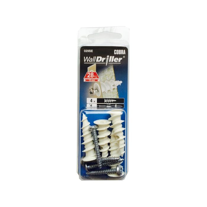 Cobra 4.0mm Wall Driller Nylon Anchor Screws - 4 Pack