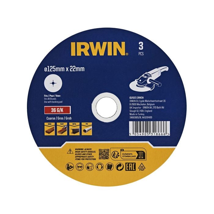 IRWIN 125mm 36 Grit Fibre Sanding Disc - 3 Pack