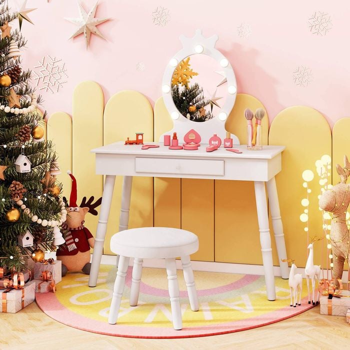 Costway 2-in-1 Kids Makeup Vanity Table Xmas Gift W/3-color Leds - White