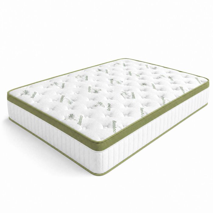 Ufurniture Double Size Mattress, 25CM Hybrid Mattress in a Box, Memory Foam & Individual Pocket Springs, White & Green