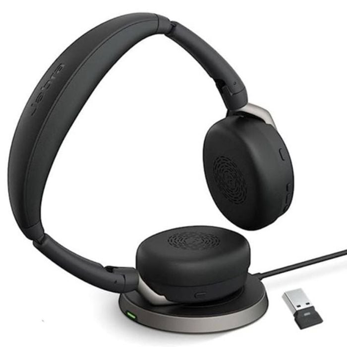 Jabra Evolve2 65 Flex Ms Stereo Bluetooth Headset, Link380a Usb-a Dongle & Wireless Charging Stand Foldable Design