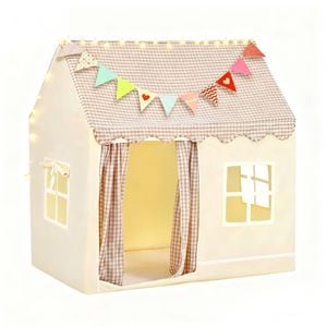 Advwin Kids Play Tent w/Star String Lights and Flag Banner Indoor & Outdoor Playhouse Beige