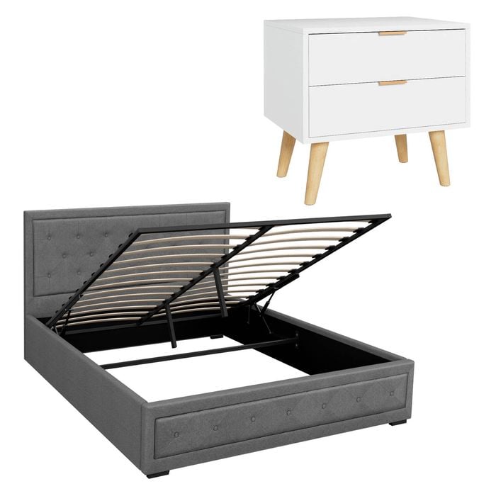 Artiss Upholstered Queen Gas Lift Storage Bed Frame With 2-drawer Bedside Table Set