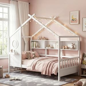 Artiss Kids Single Bed Frame With 3 Storage Bookcase House Bed Solid Wood Montessori Bed White