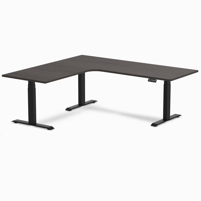 Desky L-shape Sit To Stand Burnished Wood Melamine Desk 2000x1800mm - Left Return Height Adjustable Matte Black Leg