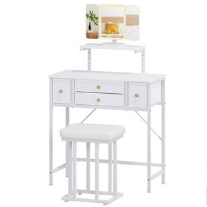 Ufurniture Makeup Vanity Desk With Height-adjustable Stand & 4 Fabric Drawers Dressing Table With Stool & Led Mirror White