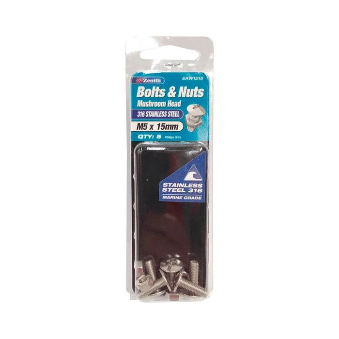 Zenith Bolt & Nut M 5x15mm  5pk Mushroom Head SS316