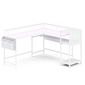 Ufurniture L Shaped LED Gaming Desk with Power Outlet Reversible Computer Desk with Monitor Stand Corner Office Desk White