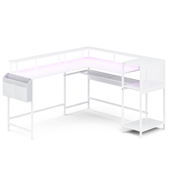 Ufurniture L Shaped LED Gaming Desk with Power Outlet Reversible Computer Desk with Monitor Stand Corner Office Desk White