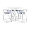 Houston Outdoor 90cm Round Aluminium Bar Table White With 4 Santorini Stools & Navy Stripe Cushions