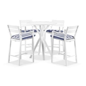 Houston Outdoor 90cm Round Aluminium Bar Table White With 4 Santorini Stools & Navy Stripe Cushions