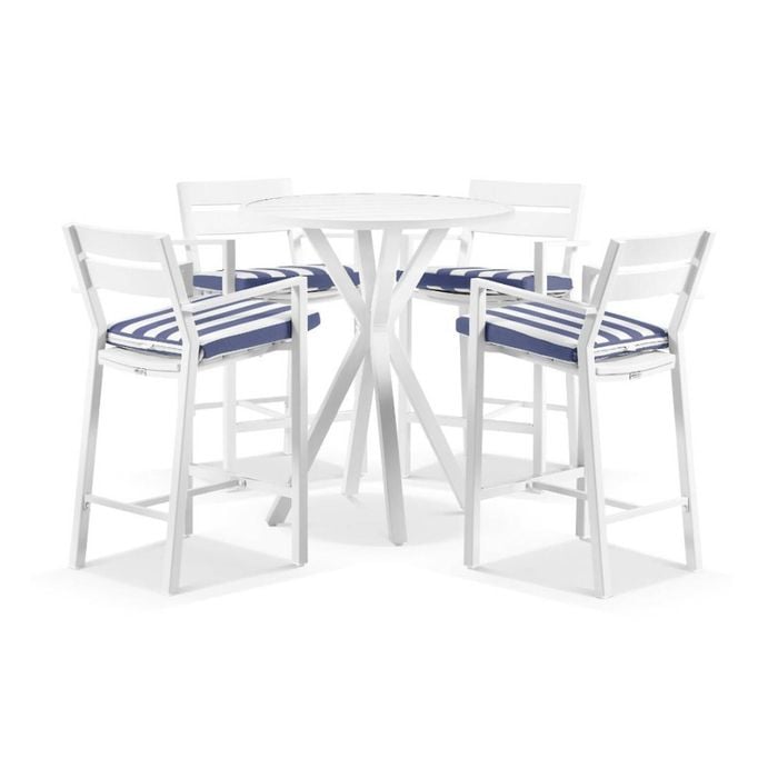 Houston Outdoor 90cm Round Aluminium Bar Table White With 4 Santorini Stools & Navy Stripe Cushions