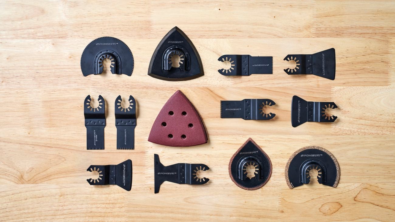 Thirteen types of blades on timber top, including carbide segment blade attachment
