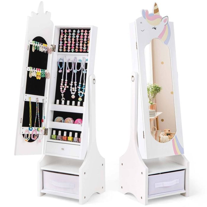 Costway Unicorn Armoire Cabinet Adjustable Mirror Jewelry Organizer White