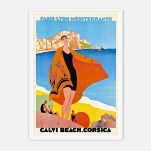 Galrie Vintage Corsica Calvi Beach Travel Poster by Roger Broders Art Deco Wall Art, White Frame, A3 30 x 42cm (12 x 16inch)