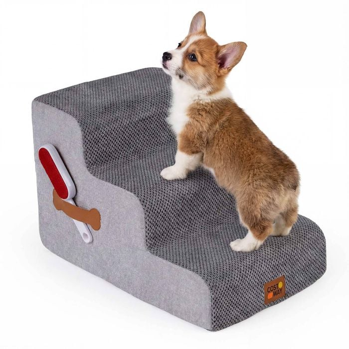 Costway 3 Steps Dog Foam Stairs Non-slip Soft Ladder W/lint Roller Grey