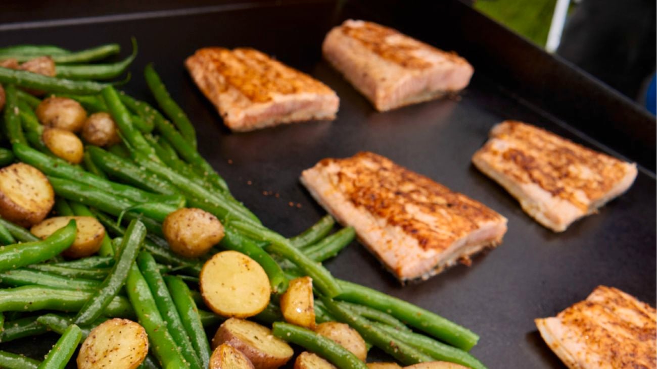Salmon and vegetables on a Blackstone griddle