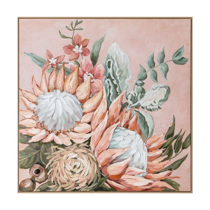Urban Style Brushmarks Embellished Canvas Painting Artwork Protea Pink 1025mm