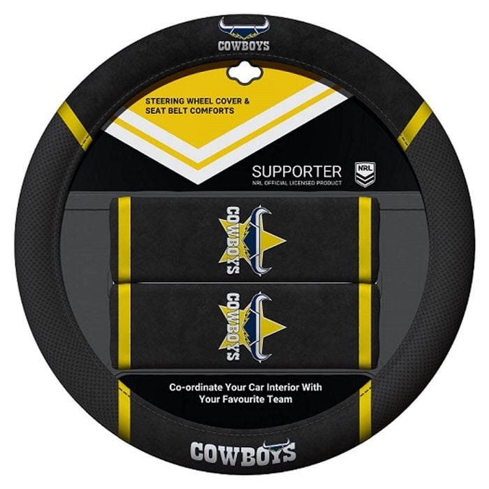 Queensland Cowboys Official Nrl Steering Wheel Cover And Seat Belt Cover Set