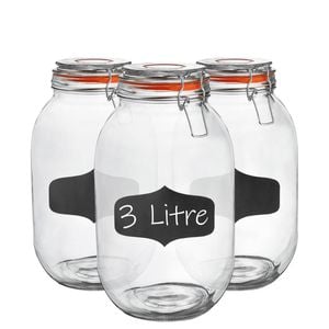 Argon Tableware 3x Glass Storage Jars & Labels Set - 3l/105.5oz 4 Colour Seals Airtight Kitchen Storage Container Preserving Jar