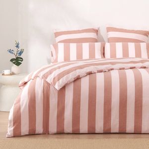 Dreamaker Bowie Washed Cotton Yarn Dyed Stripe Quilt Cover Set Pink/Caramel Queen Bed