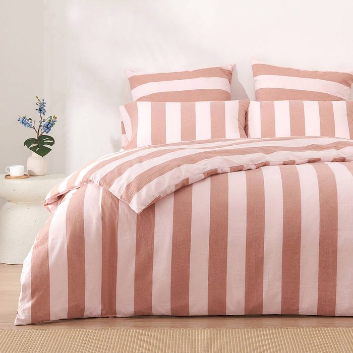 Dreamaker Bowie Washed Cotton Yarn Dyed Stripe Quilt Cover Set Pink/Caramel Queen Bed