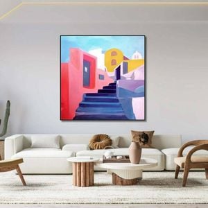 Santorini Rise - Geometric Architecture Framed Wall Art Painting (100x100cm)