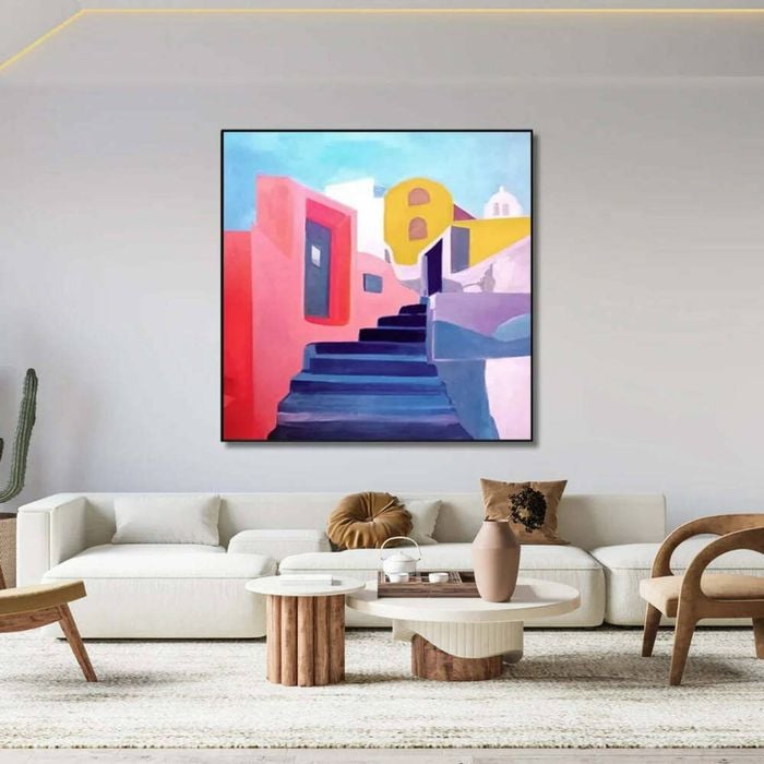 Santorini Rise - Geometric Architecture Framed Wall Art Painting (100x100cm)