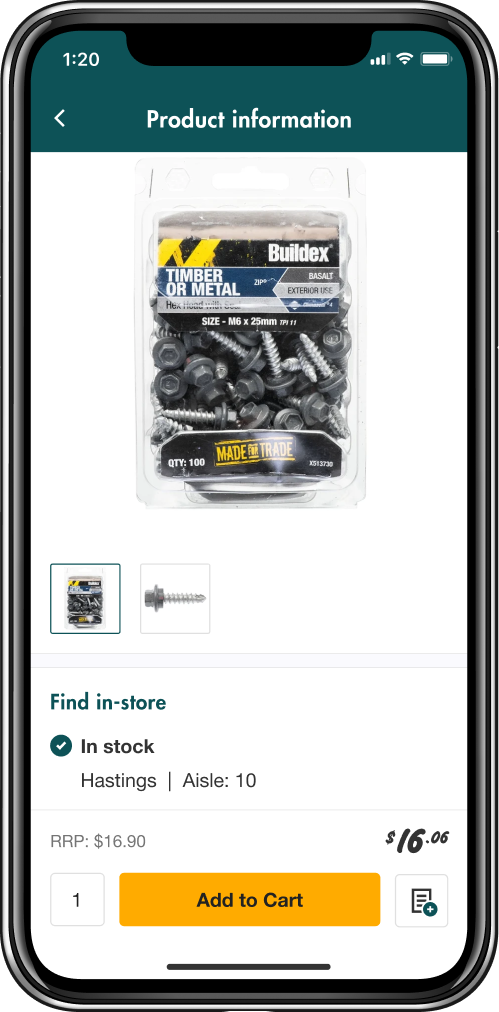 Phone with the PowerPass app open at a product information display