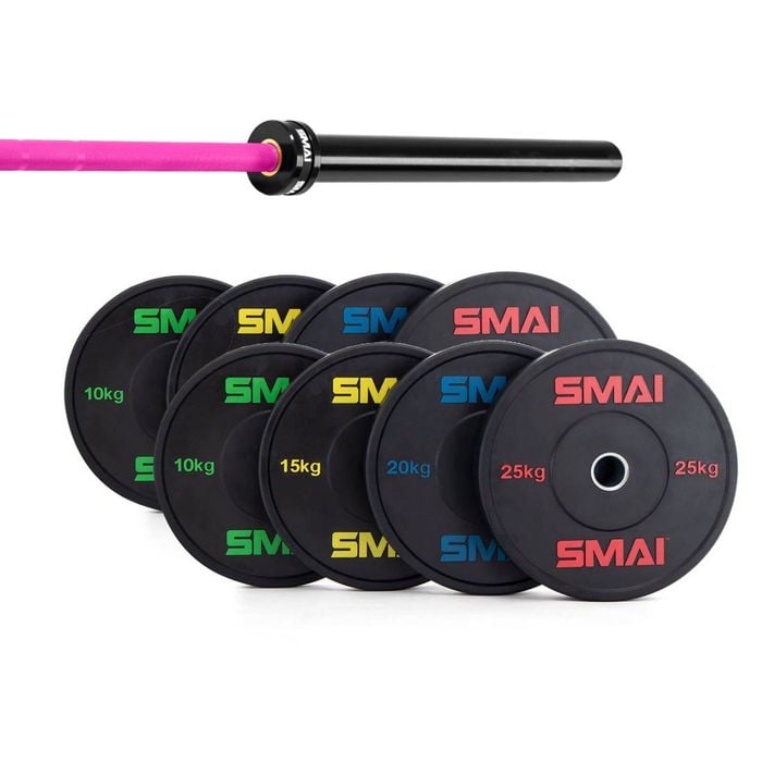 Smai 155kg Hd Bumper Plate Set Inc 15kg Barbell - 15kg Magenta Barbell