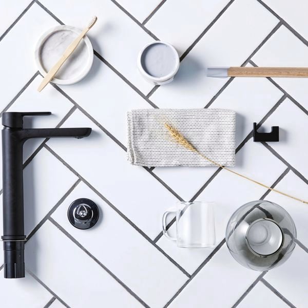 birds eye view of bathroom accessories