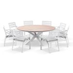 Tuscany Round 1.8m Outdoor Aluminium and Teak Dining Table with 8 Kansas Dining Chairs 8 Seats - White - Textured Olefin Grey