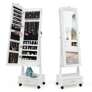 Costway Rolling Mirror Jewellery Cabinet Makeup Storage Organizer White