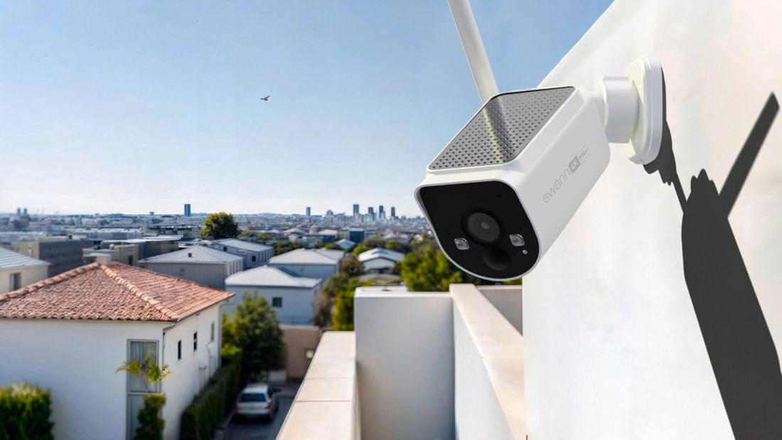 A Swann Security camera mounted on an exterior wall