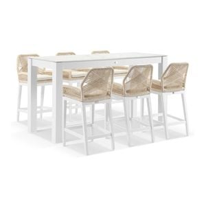 Hugo Outdoor Ceramic 2m Rectangle Aluminium Bar Table White With 6 Rope Stools & Cream Rope/cream Cushions