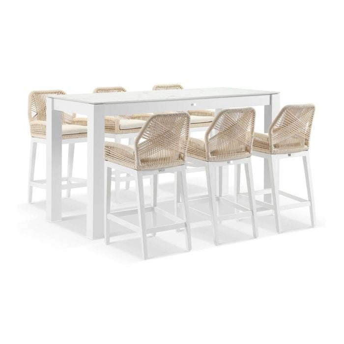 Hugo Outdoor Ceramic 2m Rectangle Aluminium Bar Table White With 6 Rope Stools & Cream Rope/cream Cushions