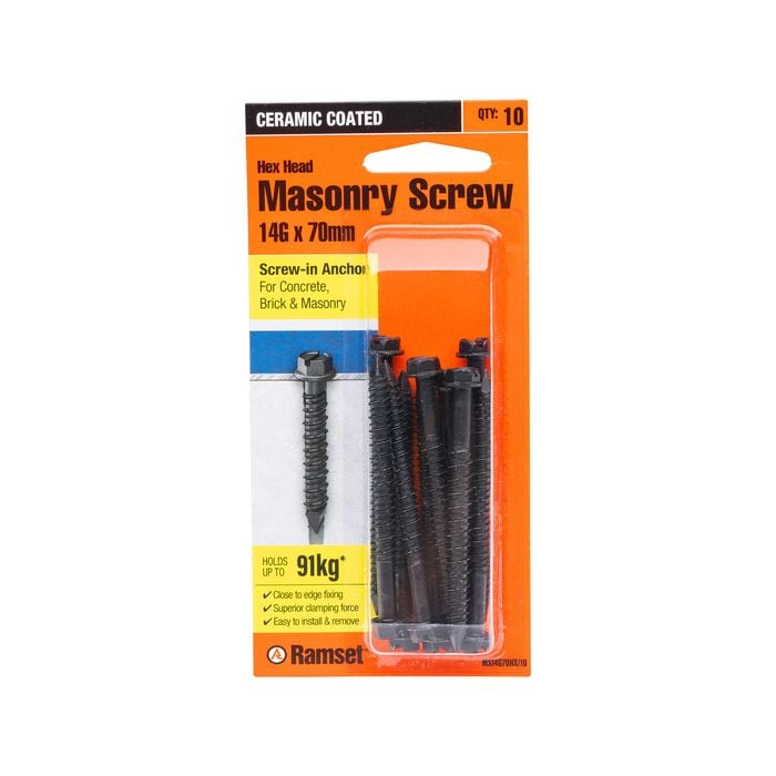 Ramset 14g x 70mm Black Hex Head Masonry Screw - 10 Pack