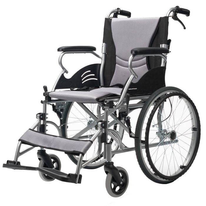 EQUIPMED Folding Aluminium Wheelchair, 20 Inch Wheels, Park Brakes, 100kg Capacity, Grey/Black