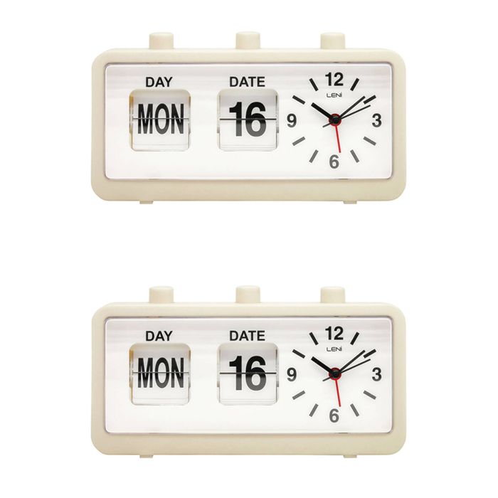 2PK Leni 11x20cm Flipper Table Alarm Clock With Manual Flip Day And Date Cream