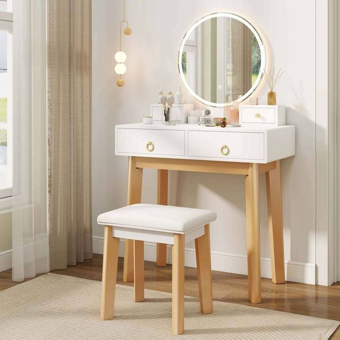 Costway 3-Color LED Lighted Makeup Dressing Table Vanity Set w/Mirror White