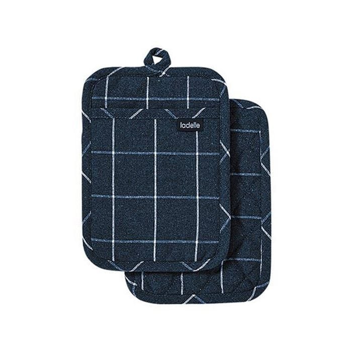 2pc Ladelle Eco Check Cotton Pot Holder Home Kitchen Cooking/Baking Set Navy
