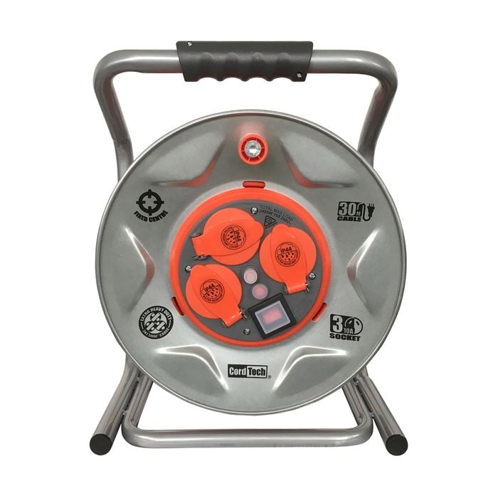CordTech 30m 3 Socket Extra Heavy Duty Steel Cable Reel