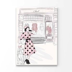 Pink Lady With Her Dog Fashion Print 100% Australian Made 90x120cm (Stretched Canvas)