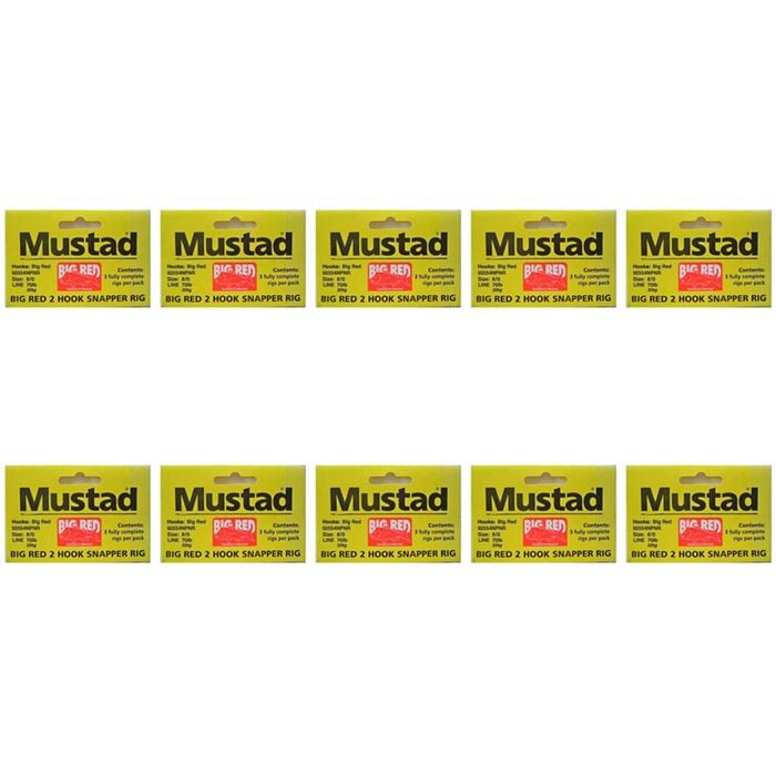 10x Mustad Big Red Snapper Chemically Sharpened X 3 Rig 2 Hook Set Up Size 8/0
