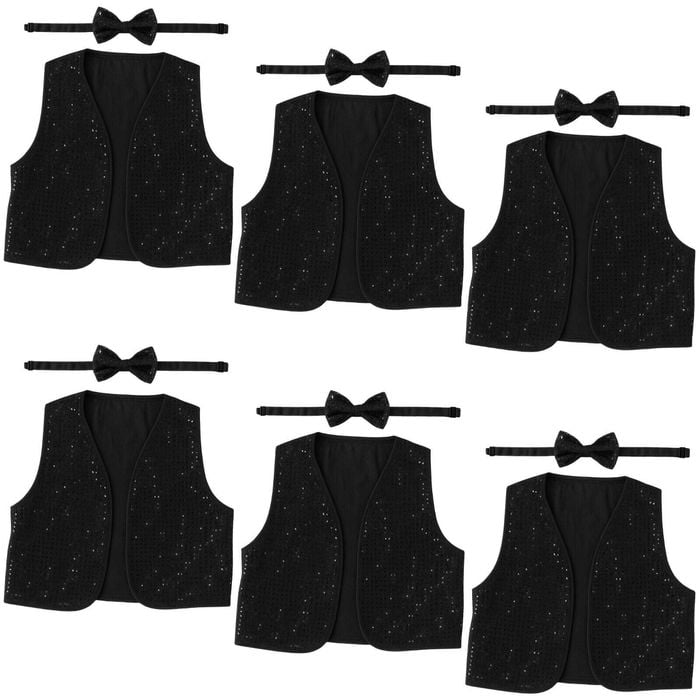 6x Kids Sequin Vest Bow Tie Set Costume 80s Party Dress Up Waistcoat Black