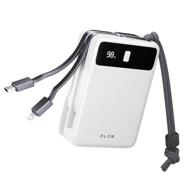ZLOS 20000mAh Power Bank 22.5W with Built-in Lightning and USB-C Cables (White)