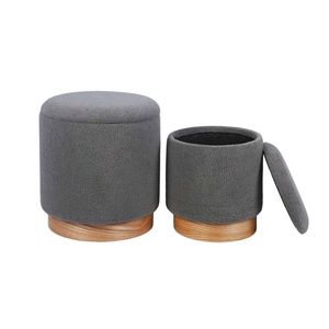 P&P Grey Sherpa Storage Ottoman Wooden Base Compact Footstool Organizer