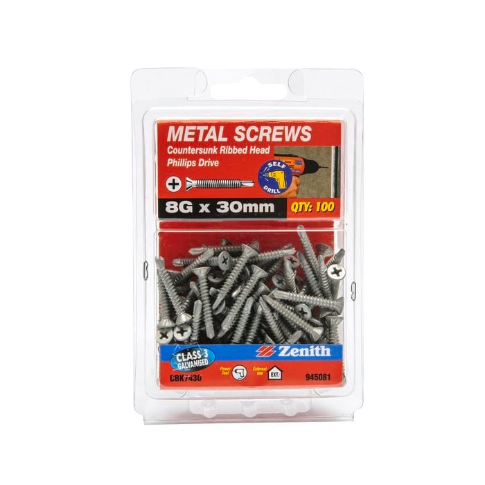 Zenith 8G x 30mm Galvanised Countersunk Rib Head Metal Screws - 100 Pack