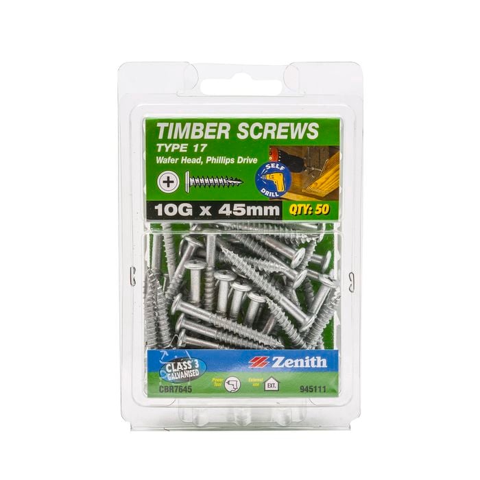 Zenith 10g x 45mm Galvanised Wafer Head Type 17 Timber Screws - 50 Pack